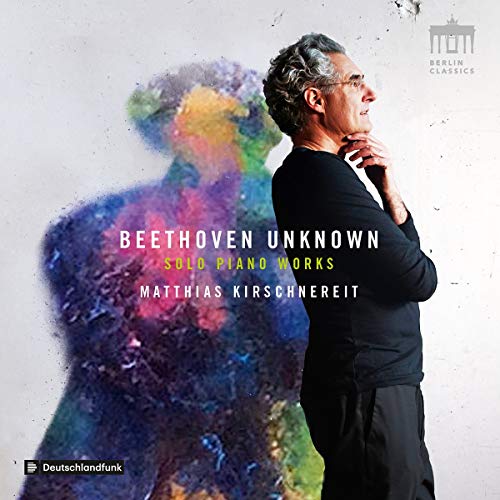 CD cover with a man and multicolored abstract figure, Beethoven Unknown Solo Piano Works.
