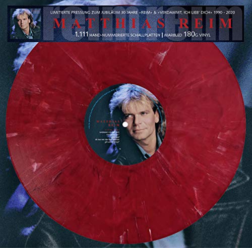 Red marbled vinyl record featuring portrait of Matthias Reim.