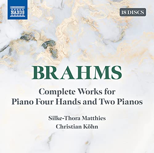 18-CD box set of Brahms’ piano works, marble-textured cover.