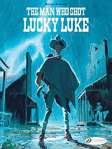 Comic book cover: Lucky Luke stands in a stormy, illustrated Western town.