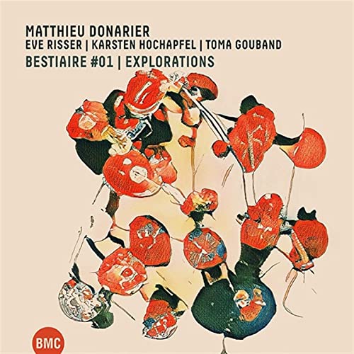 CD cover with abstract red and black shapes resembling musical instruments.