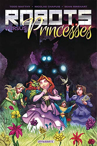 Comic book cover: robots confront princesses in a colorful, fantastical scene.
