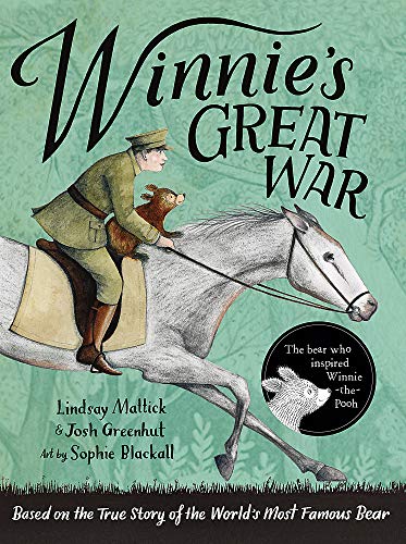 Book cover: bear cub riding a horse with a soldier, green background.