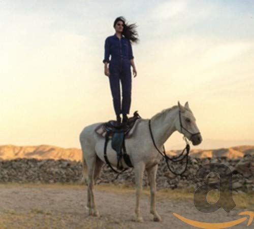 Woman standing on a white horse in a desert landscape.