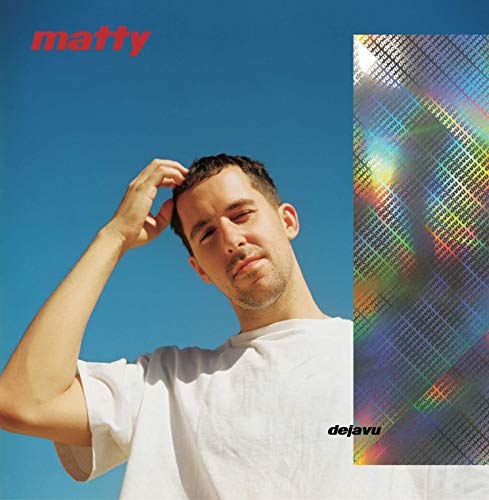 "Album cover with man in white shirt and holographic panel beside him."