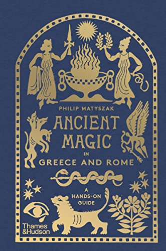 Book cover with gold classical illustrations on a dark blue background.