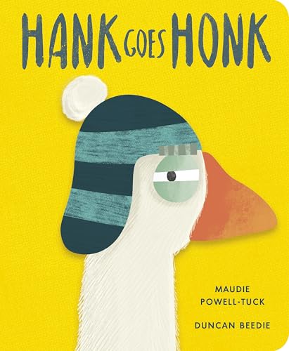 A white goose wearing a blue striped hat on a yellow background.