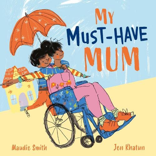 A child hugs their mother, who is sitting in a blue wheelchair, under an umbrella.