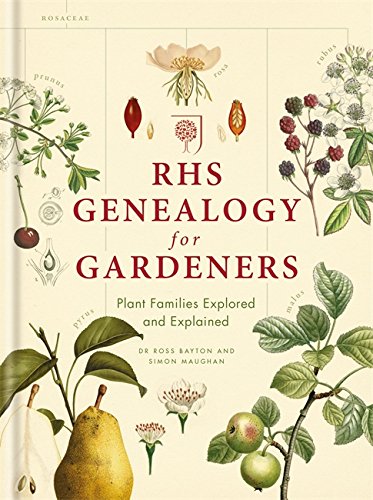 Book cover titled RHS Genealogy for Gardeners with botanical illustrations of plants and fruits.
