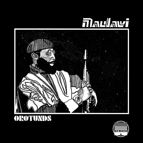 Black and white illustration of a man with a beard holding a saxophone.