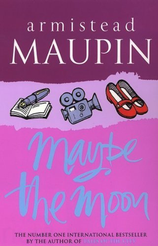 Book cover for "Maybe the Moon" by Armistead Maupin, with sketched objects.