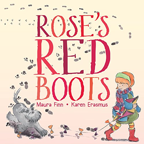 A girl in red boots and a dog walk through footprints on a book cover.
