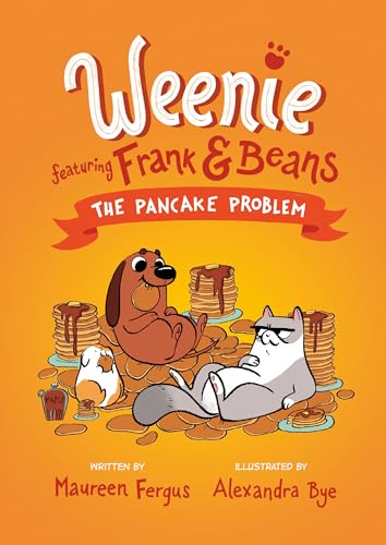 Book cover: Dachshund, cat, and chick surrounded by stacks of pancakes.