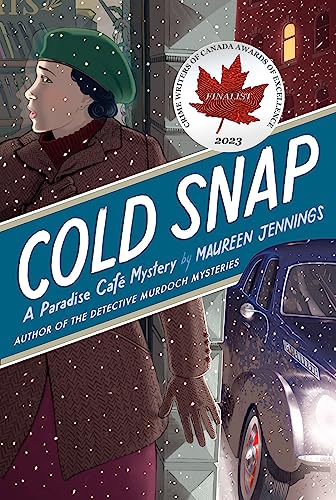 Book cover: woman in beret, vintage car, falling snow, titled "Cold Snap".
