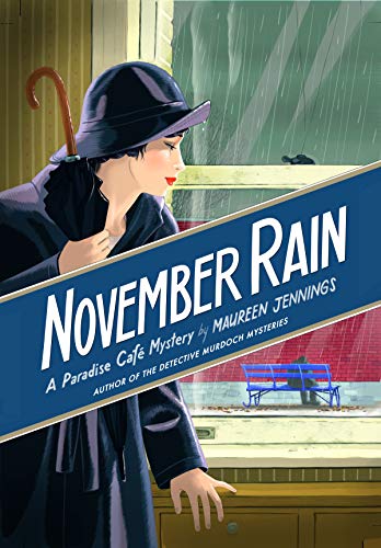 Book cover: woman with umbrella looking out at rainy cityscape.
