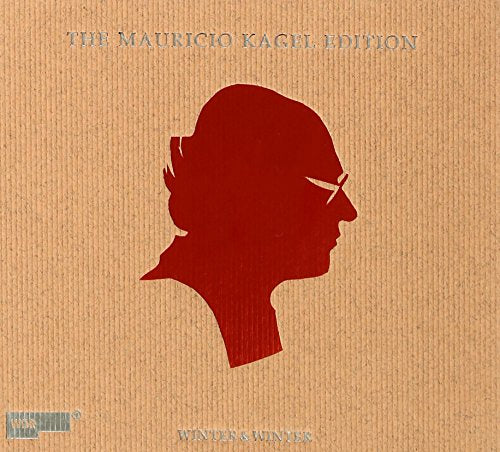 Cardboard box set with a red silhouette profile of Mauricio Kagel.