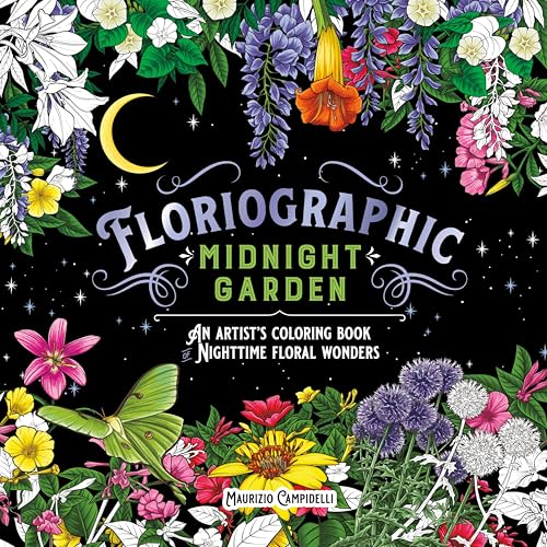 Coloring book cover with detailed floral illustrations and a crescent moon.