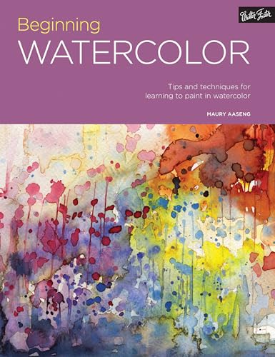 Book cover titled Beginning Watercolor by Maury Aaseng featuring abstract colorful watercolor paint splatters.