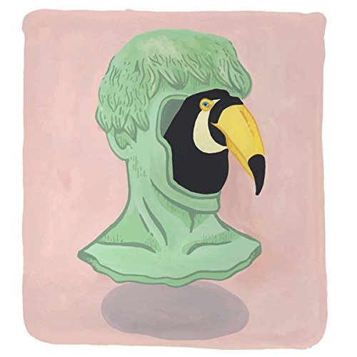 Album cover: a green bust with a toucan head, pink background.