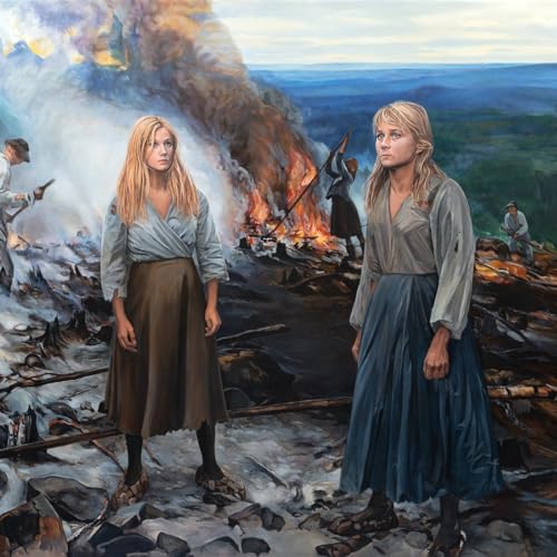 CD cover: Two women stand before a burning landscape painting.