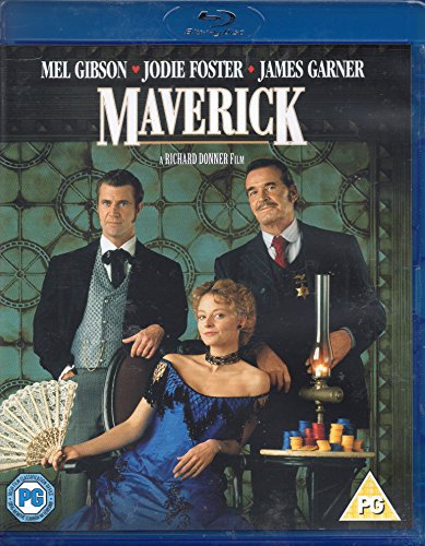 Maverick" Blu-ray cover featuring Mel Gibson, Jodie Foster, and James Garner.