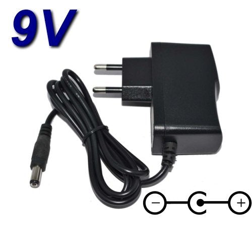 Black 9V power adapter with European plug and circular connector.