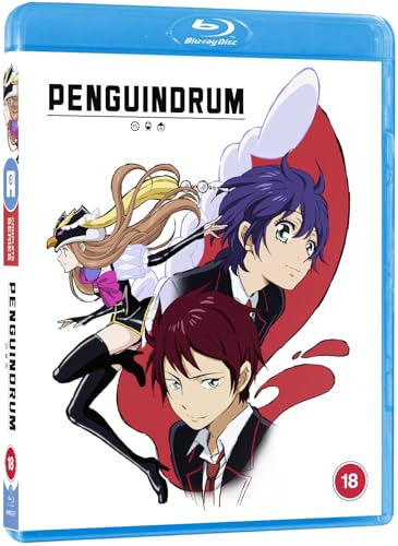 Blu-ray cover art for Penguindrum featuring three anime characters against a red background.