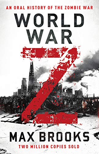 Book with dark cover featuring zombies, possibly with a cityscape or apocalyptic background.