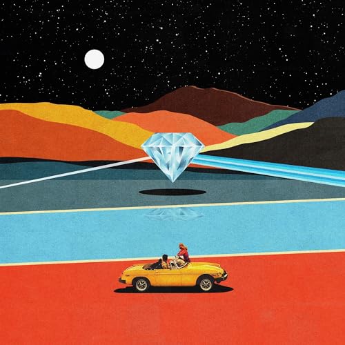 Album cover: yellow car, large diamond, stylized landscape, night sky.