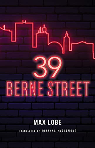 Book cover: "39 Berne Street" with neon red city skyline and text.