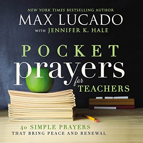 Book cover: “Pocket Prayers for Teachers” with apple and stacked books.