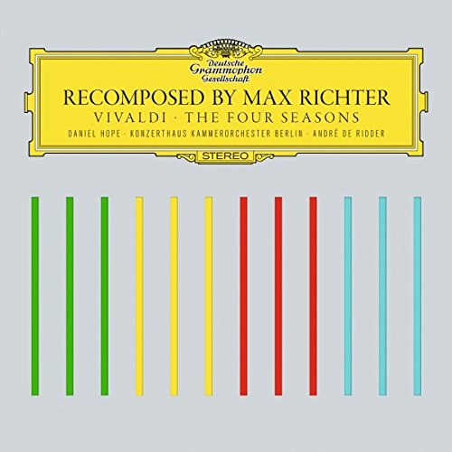 "Album cover with yellow label and colorful vertical lines on a gray background."