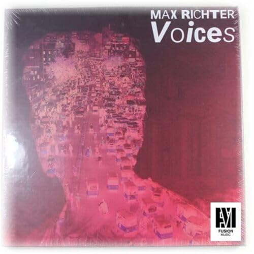 Vinyl cover for Max Richter Voices featuring a red silhouette filled with city traffic.