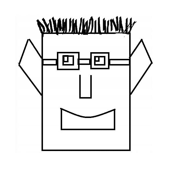 Black and white line drawing of a face with geometric features.