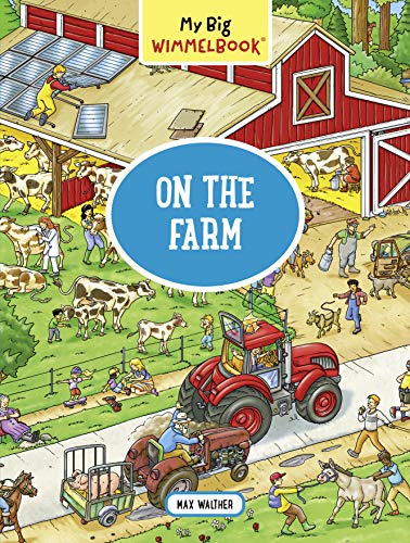 Busy farm scene with animals, buildings, and people in detailed illustration.