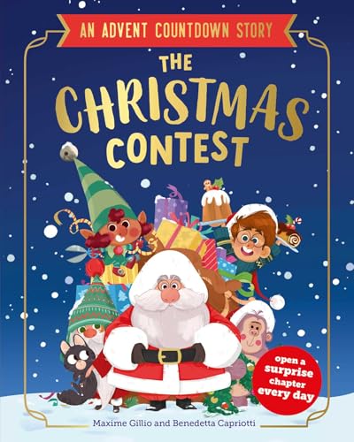 Book cover featuring Santa, elves, and children with Christmas gifts.