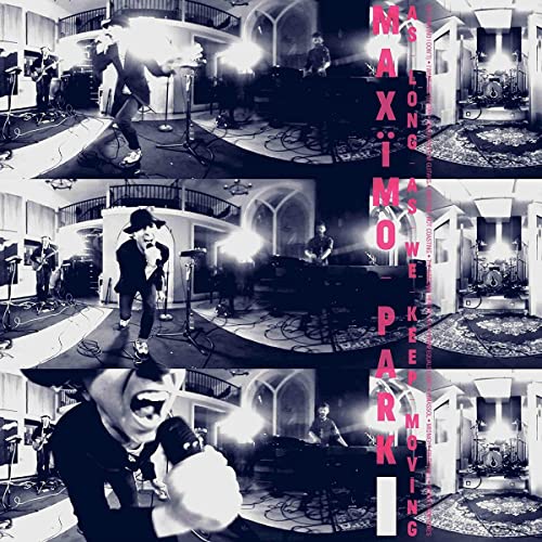 Three-panel fisheye photo of Maximo Park performing in a studio with pink vertical text.