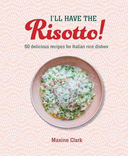 Cookbook cover featuring a bowl of risotto and red text on a pink background.