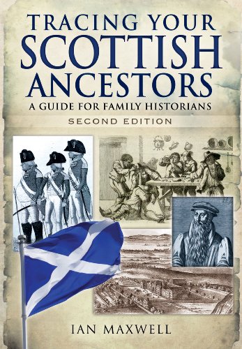Book cover: “Tracing Your Scottish Ancestors” with historical images and a flag.