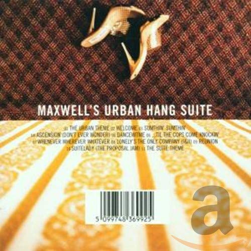 Back cover of Maxwell's Urban Hang Suite CD featuring high-heeled shoes and tracklist.