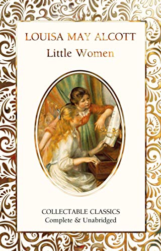 Book cover of Little Women featuring an oval illustration of two girls playing piano.