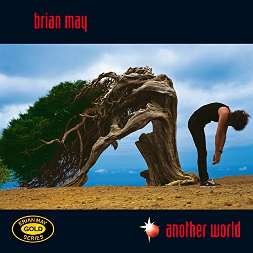 Album cover for Brian May’s “Another World” featuring a bent tree and figure.