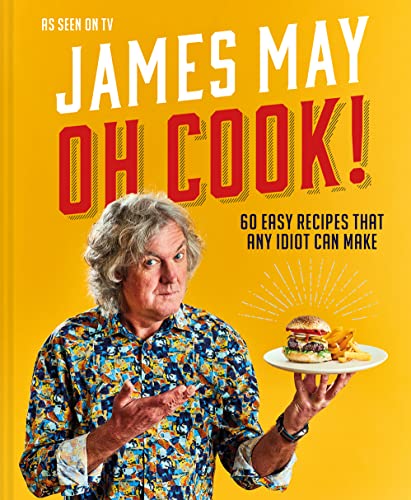 Cookbook cover featuring James May holding a burger and fries.