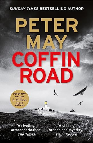 Book cover for Coffin Road by Peter May featuring a lighthouse and flying birds.