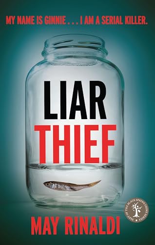 Book cover: "Liar Thief" with a fish in a jar, dark teal background.