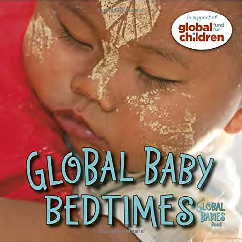 Sleeping baby’s face with gold paint and book title “Global Baby Bedtimes.”
