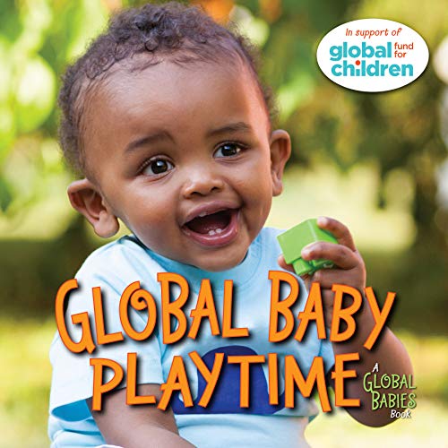 Smiling baby with a green toy, book cover titled "Global Baby Playtime".