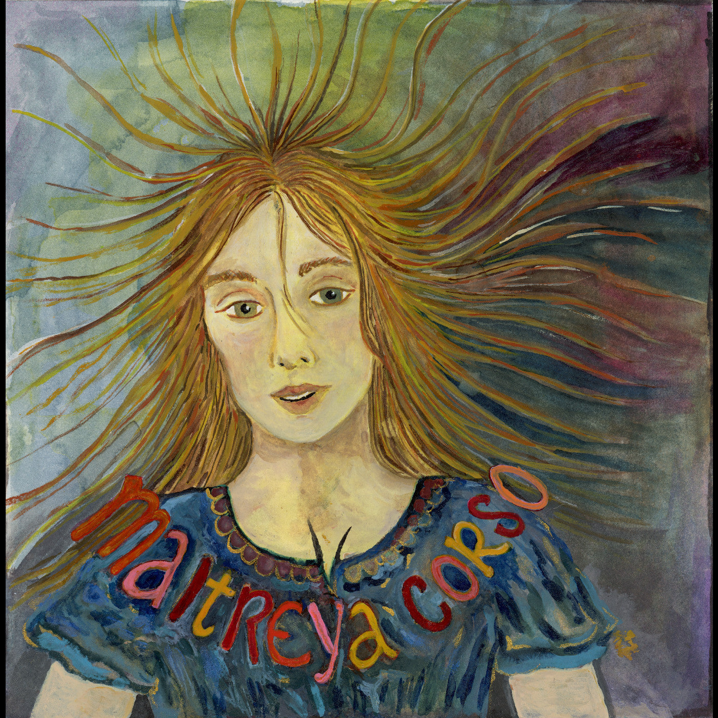 Painted portrait of Maya Hawke with flowing red hair and album title.