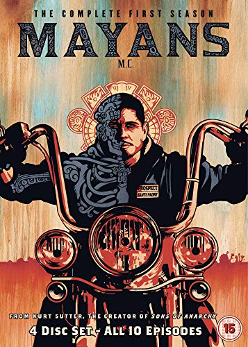 DVD cover for Mayans M.C. Season 1, featuring a motorcycle and portrait.