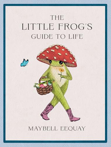A frog wearing a mushroom hat and pink boots carries a basket of flowers.